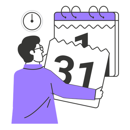 Man tearing calendar page from 31 to 1  Illustration