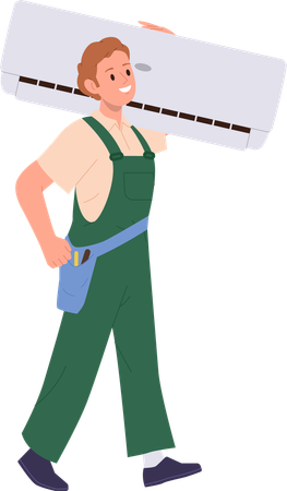 Man technician character in uniform carrying air conditioner for installation  イラスト