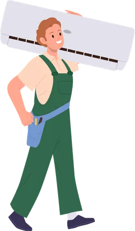 Man Technician Cartoon Character In Uniform Carrying Air Conditioner Domestic Appliance For Installation Or Replacement Isolated On White Background Conditioning System Servicing Vector Illustration Illustration