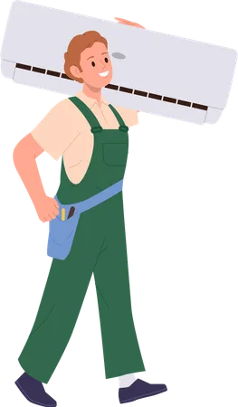 Man technician character in uniform carrying air conditioner for installation  Illustration