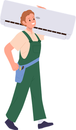 Man technician character in uniform carrying air conditioner for installation  일러스트레이션