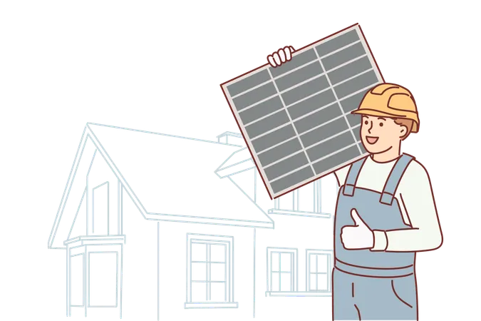 Man Technician Is Holding Solar Panel To Generate Electricity And Showing Thumbs Up Recommending Use Of Renewable Energy Craftsman With Solar Panel Stands Near Energy Efficient House Illustration