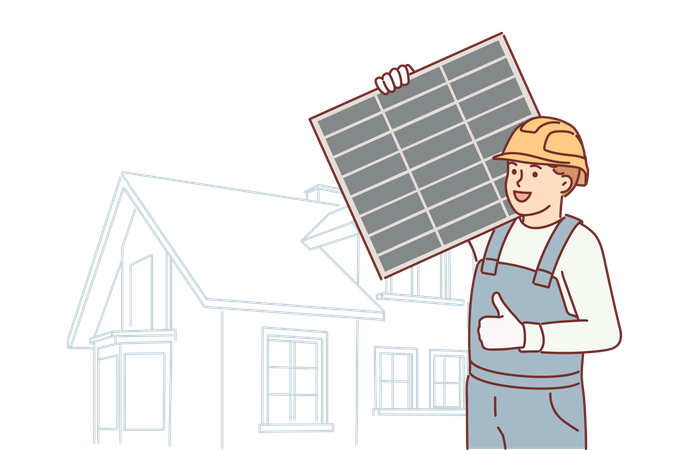 Man technician holding solar panel and showing thumbs up Illustration