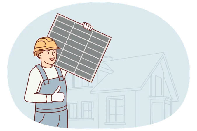 Man technician is holding solar panel to generate electricity and showing thumbs up  Illustration