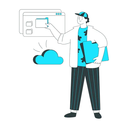 L'homme télécharge des données sur le stockage cloud  Illustration