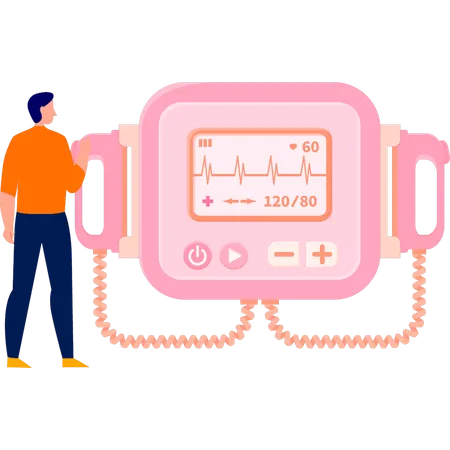 Man telling about machine use for heart treatment  Illustration