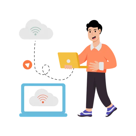 Man telling about wireless cloud service  Illustration