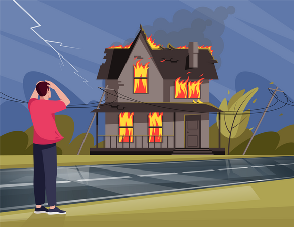 Man terrified by fire in Residential house  Illustration