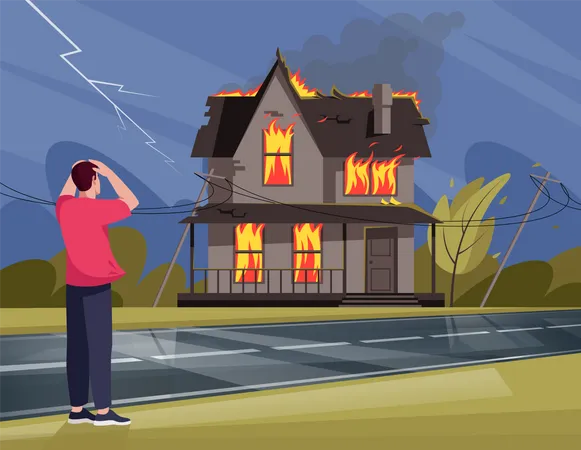 Man terrified by fire in Residential house  Illustration