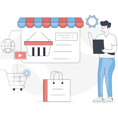 Man testing online shopping  Illustration