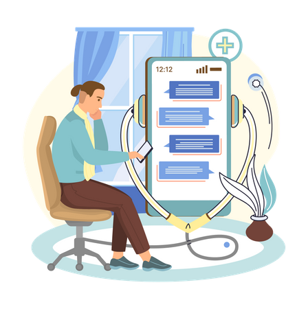 Man texting doctor to get online medical support  Illustration