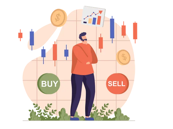 Man thinking about buy and sell in stock market  Illustration