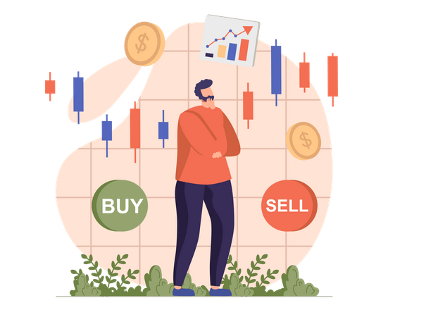 Man thinking about buy and sell in stock market  Illustration