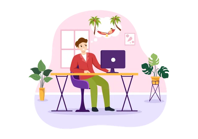 MAn thinking about hammock relaxing at workplce  Illustration