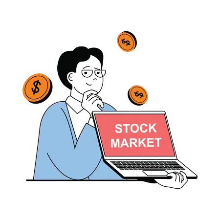 Man thinking about investment in stock market  イラスト