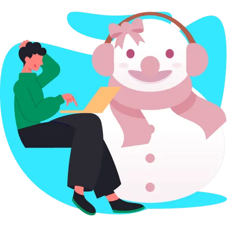 かわいい雪だるまを考えている男性  イラスト