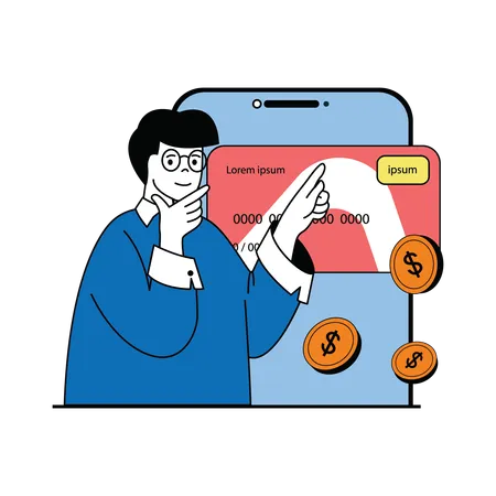 Man thinking about online payment through card  Illustration