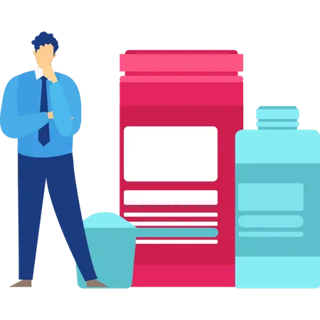 Man thinking about pills bottle  Illustration