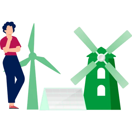 A Boy Is Thinking About Wind Mill Illustration
