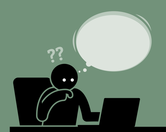 Man thinking and feeling confused viewing computer screen  Illustration