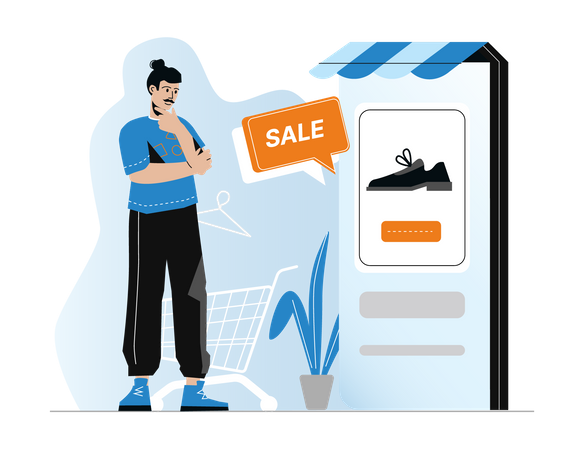 Man thinking for buying shoes  Illustration