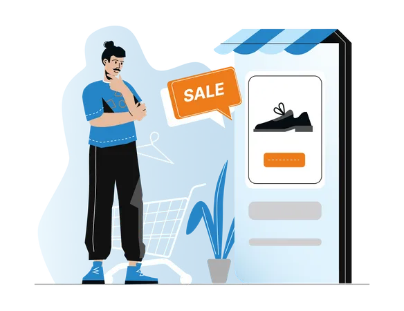 Man thinking for buying shoes  Illustration