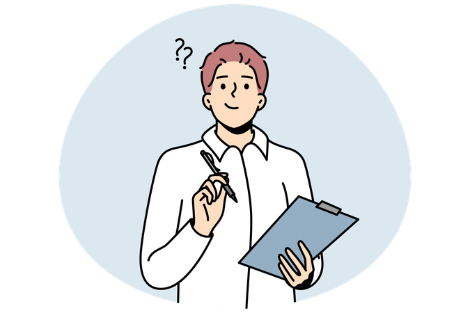 Man thinks something and holds clipboard and pen in hands  Illustration