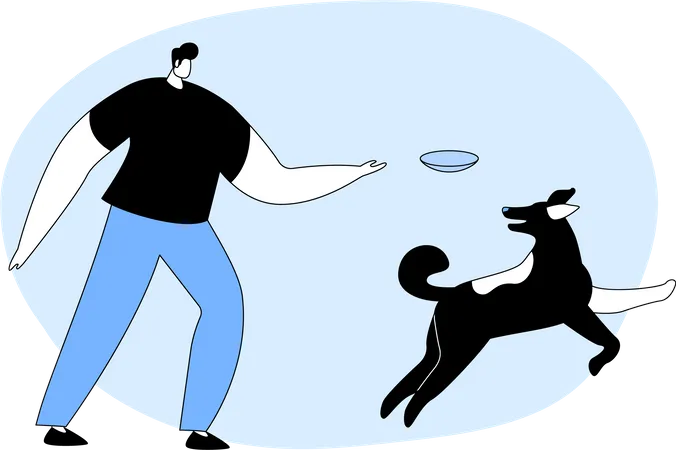 Man Walking With Dog Outdoors Male Character Playing And Throw Flying Disk With Pet Spend Time At Summertime Park Relaxing Leisure Communication With Home Animal Cartoon Flat Vector Illustration Illustration