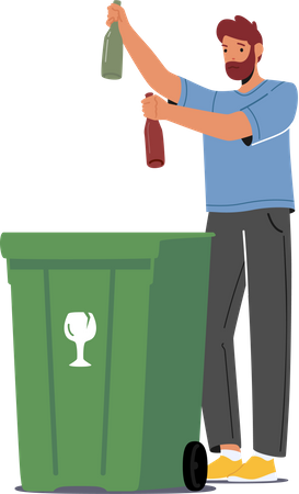 Man Throw Glass Bottles Into Special Container For Sorting Litter Illustration