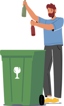 Man Throw Glass Bottles Into Special Container For Sorting Litter  Illustration