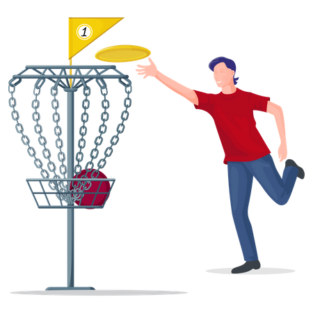 Man throwing a frisbee disc to the basket Illustration