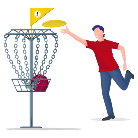 Man throwing a frisbee disc to the basket  Illustration