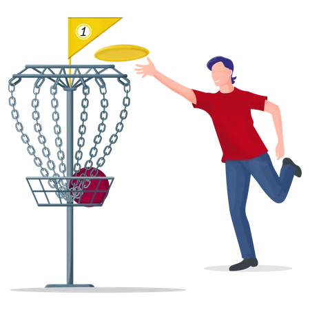 Man throwing a frisbee disc to the basket  Illustration