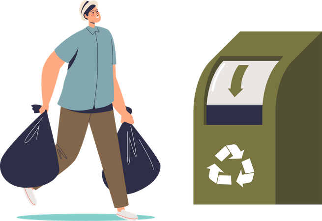 Man throwing bags of clothes in recycling container  Illustration