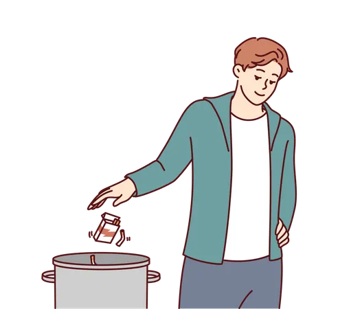 Man throwing cigarette in dustbin  Illustration