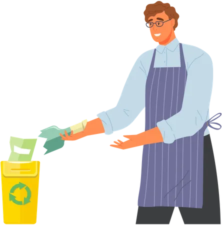 Man throwing glass bottle in bin  Illustration