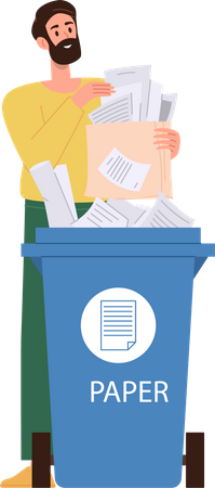 Man throwing out paper trash waste into garbage tank  Illustration