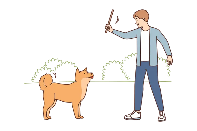 Man throwing stick to play with dog  Illustration