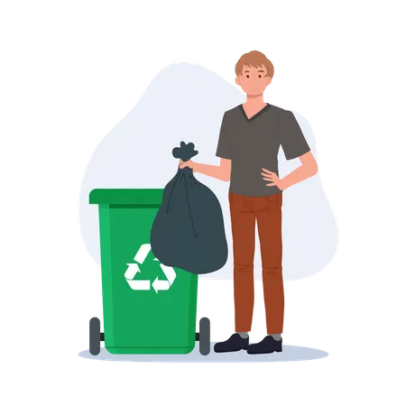 Man throws away trash into green trash bin with recycling symbol  Illustration