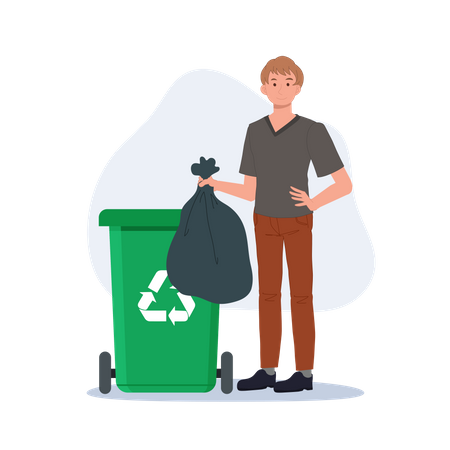 Man throws away trash into green trash bin with recycling symbol  Illustration