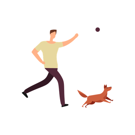 Man throws ball in garden and dog runs for it  イラスト