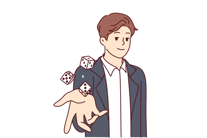 Man Throws Dice Inviting You To Visit Casino And Try Your Luck At Roulette With Big Cash Prize Lucky Guy With Smile Looks At Screen Demonstrates Dice For Gambling In Las Vegas Casino Illustration