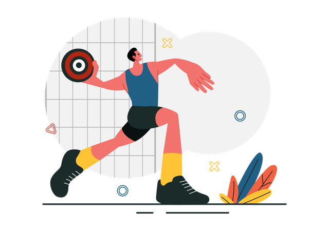 Man throws discus disc on field  Illustration