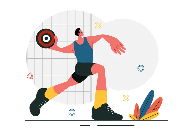 Man throws discus disc on field  Illustration