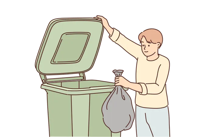 Man Throws Garbage Into Large Container For Concept Of Overabundance Of Garbage On Planet Guy Stands Near Trash Can And Holds Black Bag Refusing To Sort Waste And Take Care Of Environment Illustration