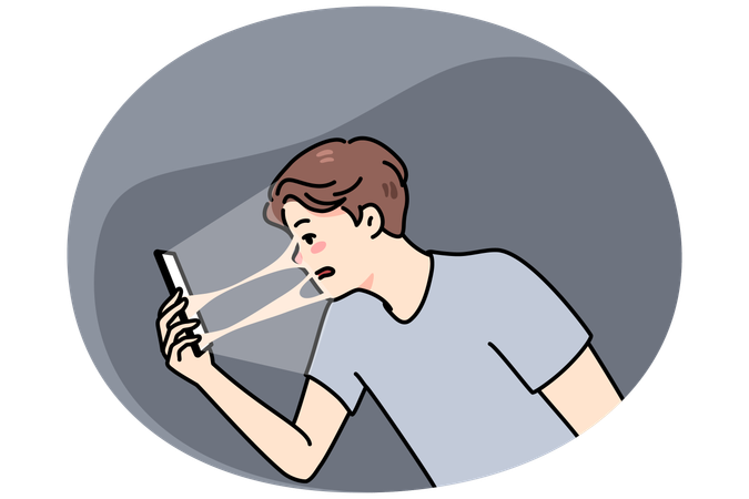 Man tied to cellphone addicted to social media  Illustration