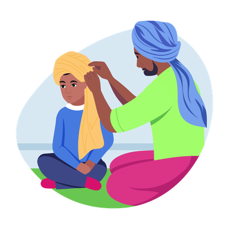 Man tieing turban on his child forehead  Illustration