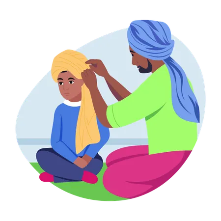 Man tieing turban on his child forehead  Illustration