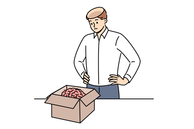 Man took brain out of head and put it in cardboard box  Illustration