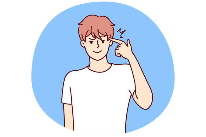 Man touches temple with finger wanting to show presence of important idea  Illustration